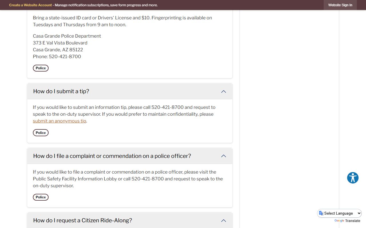 Casa Grande fingerprinting FAQ page for background checks