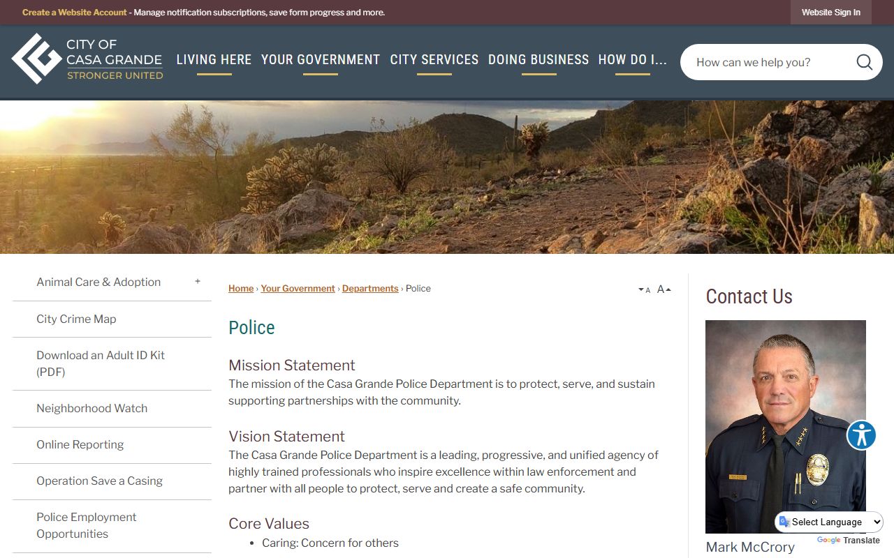 Casa Grande Police Department page for background check services