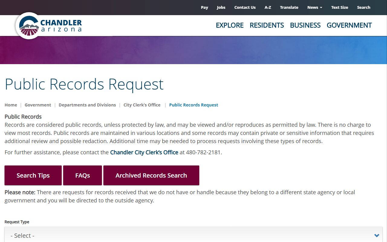 Chandler Police Department public records request page for background checks
