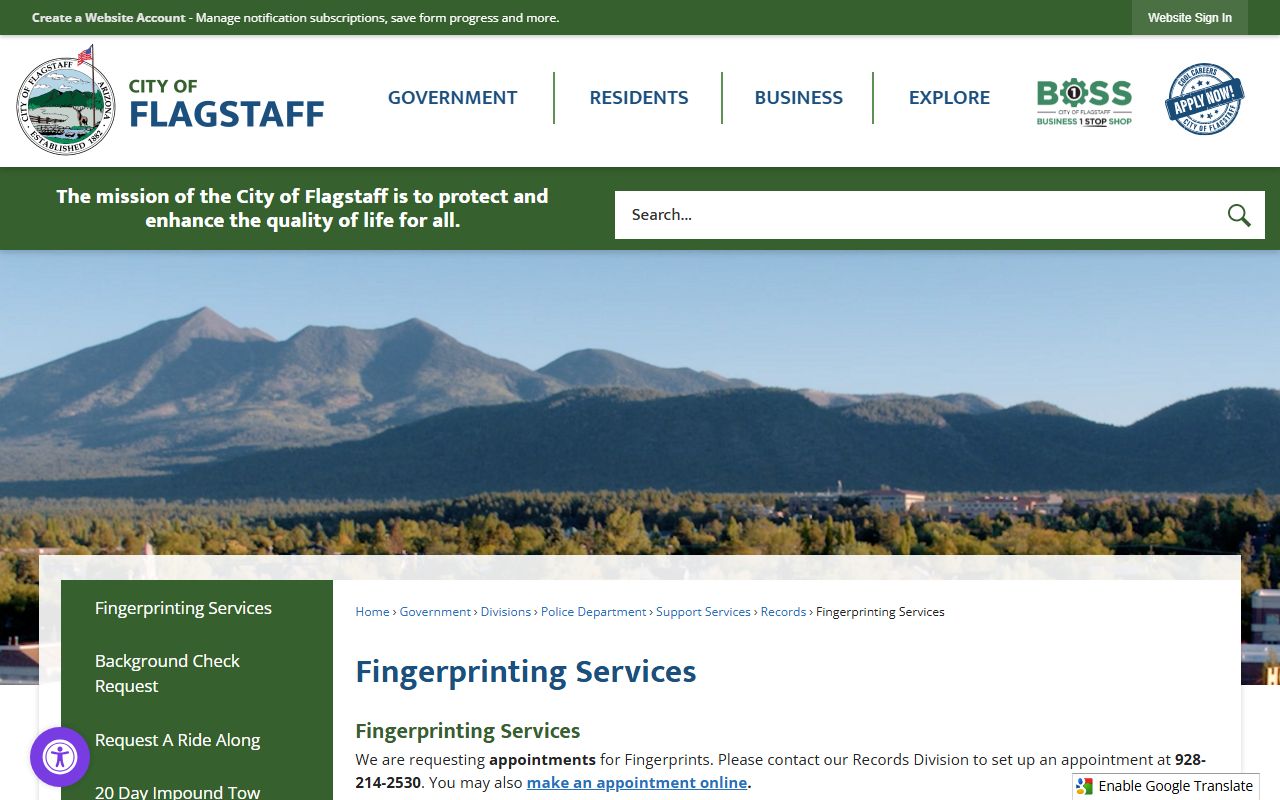 Flagstaff Police Department fingerprinting services information