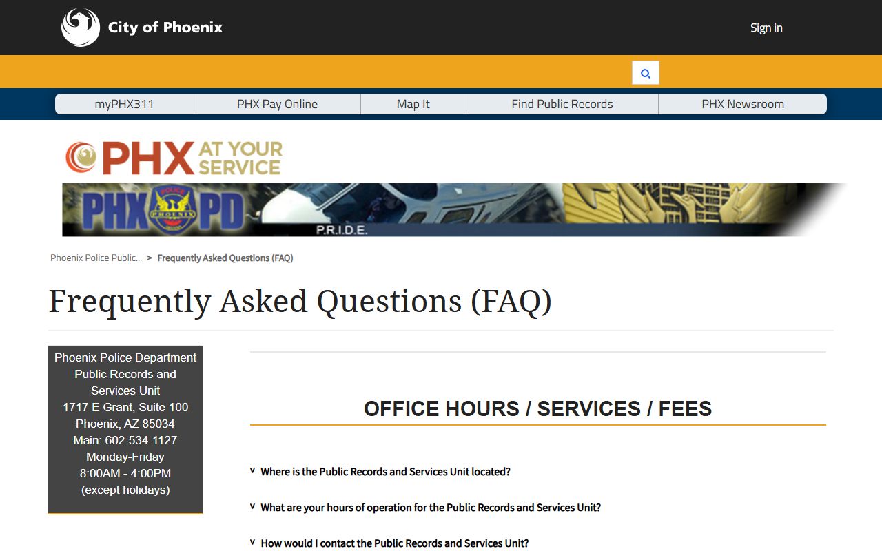 Phoenix Police Department FAQ page for background check questions