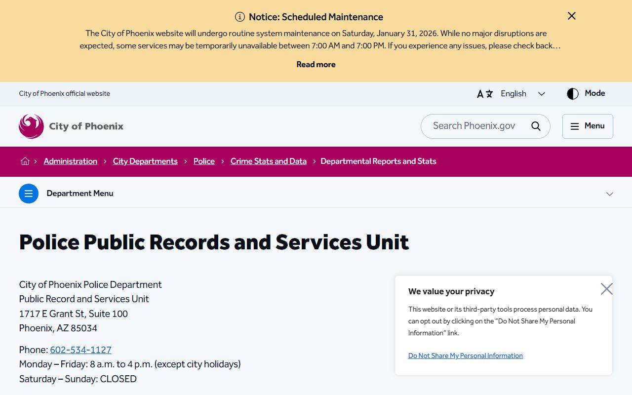 Phoenix Police Department public records page for background checks