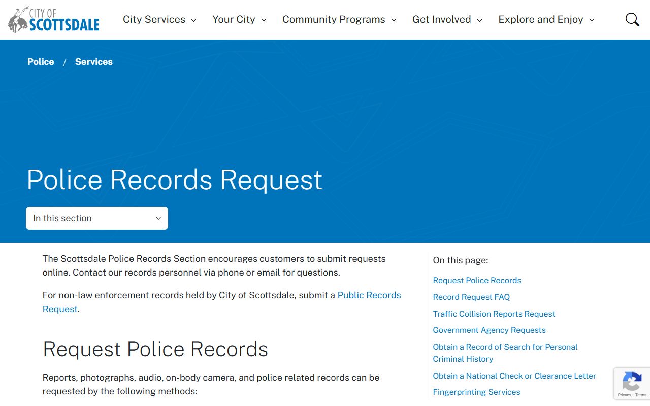 Scottsdale Police records request page for background checks