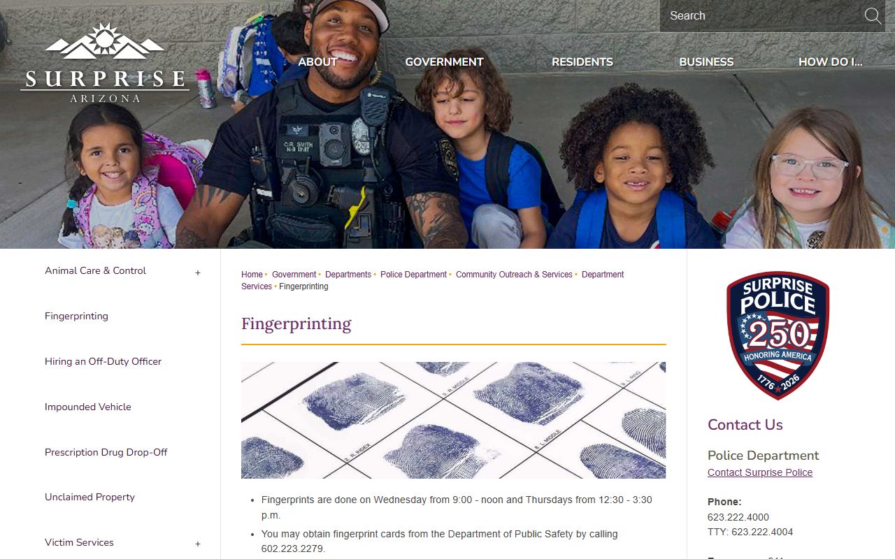 Surprise Police Department fingerprinting services page