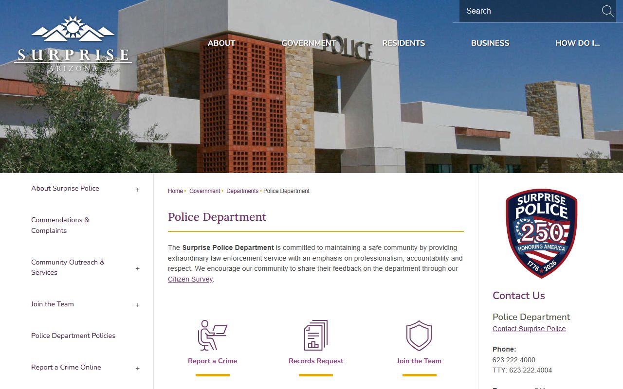 Surprise Police Department homepage for background check services