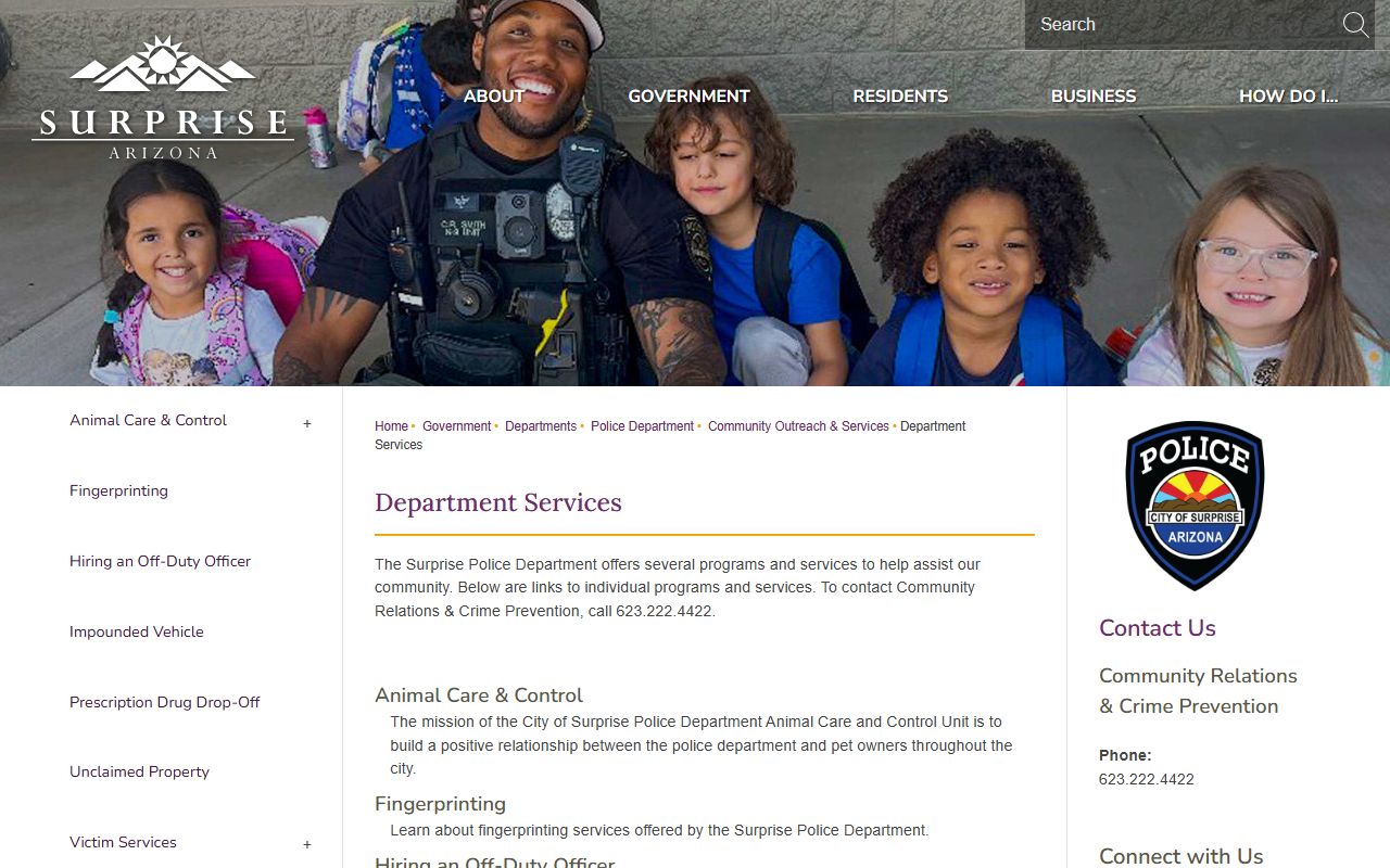 Surprise Police Department services page for background checks