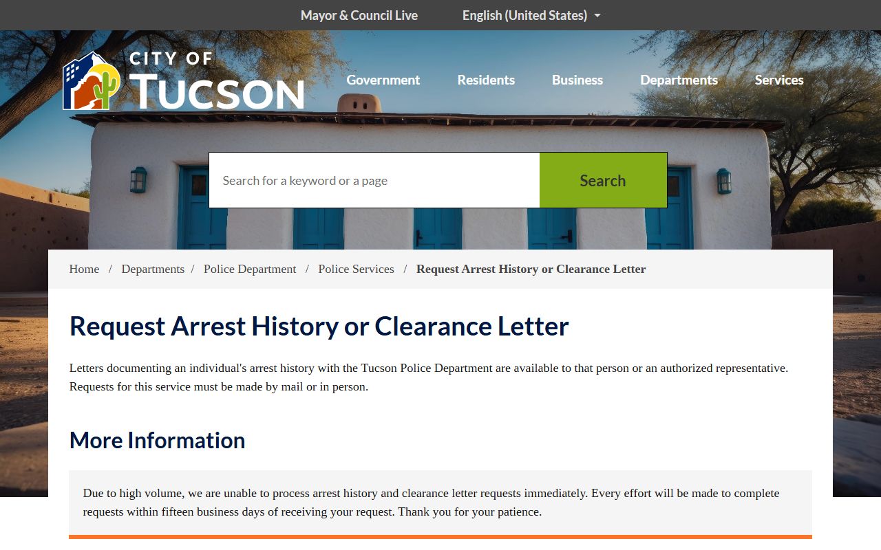 Tucson Police arrest history and clearance letter request page