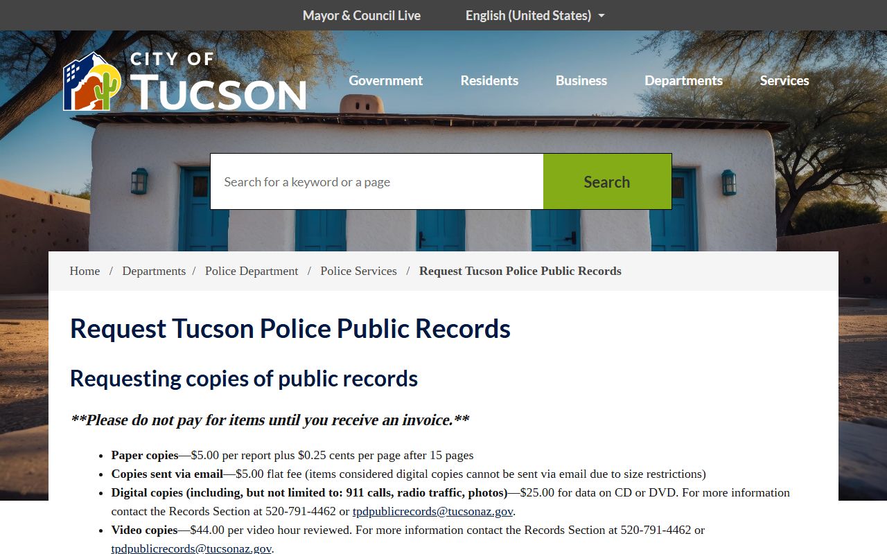 Tucson Police Department public records request page for background checks