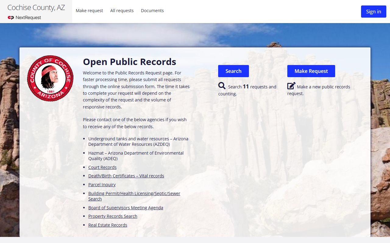 Cochise County NextRequest online portal for public records