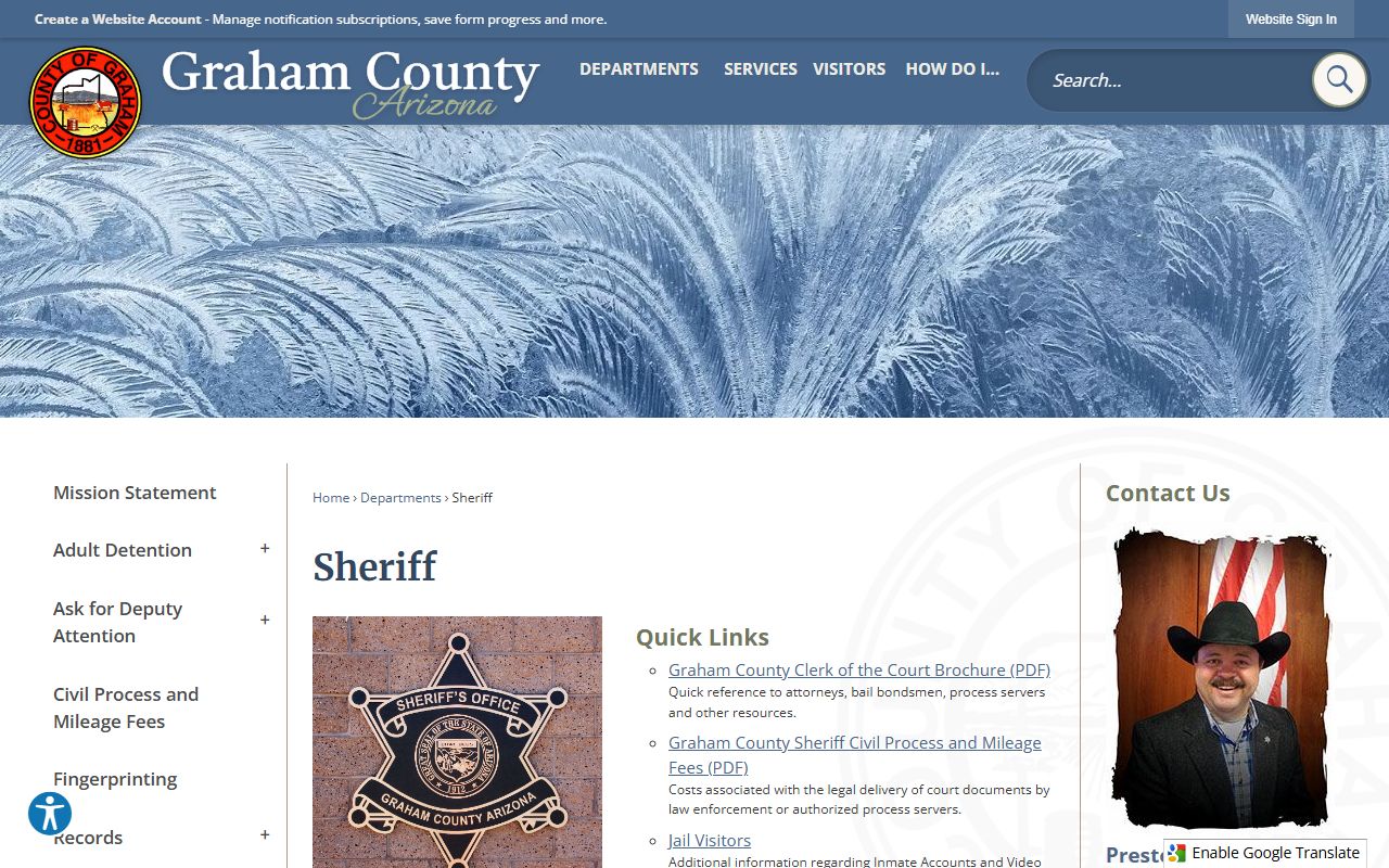 Graham County Sheriff office homepage for background check services
