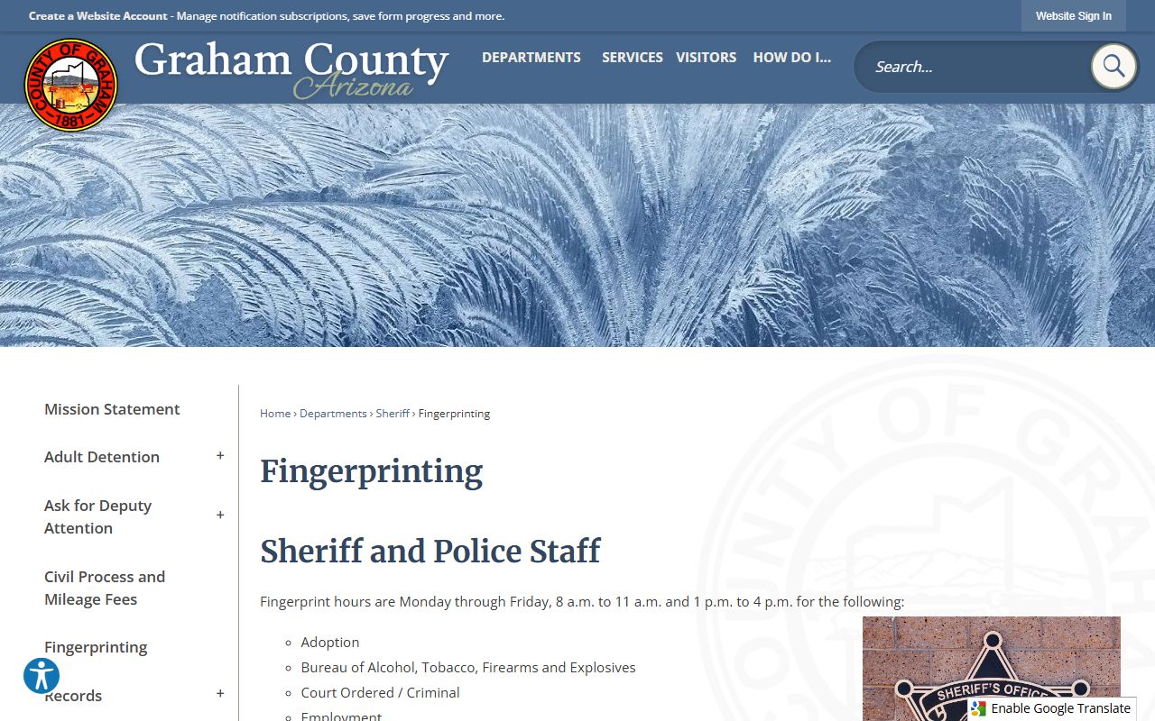 Graham County Sheriff fingerprinting information page