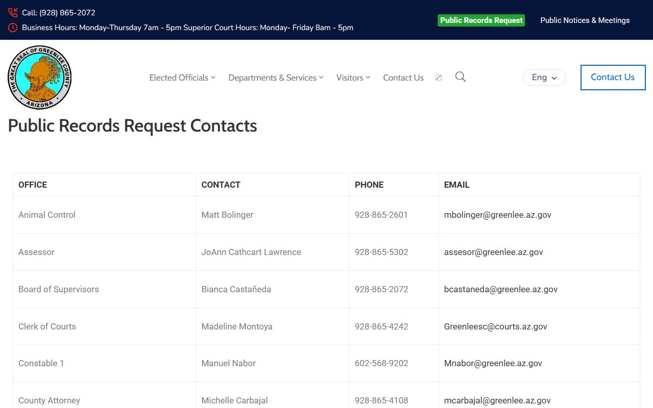 Greenlee County public records request contacts for background checks