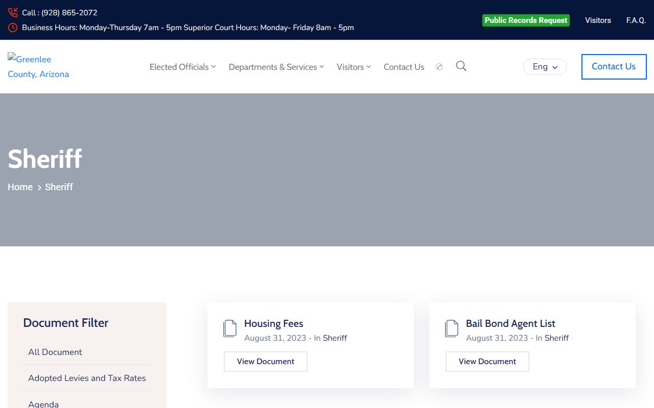 Greenlee County Sheriff documents page for background check records