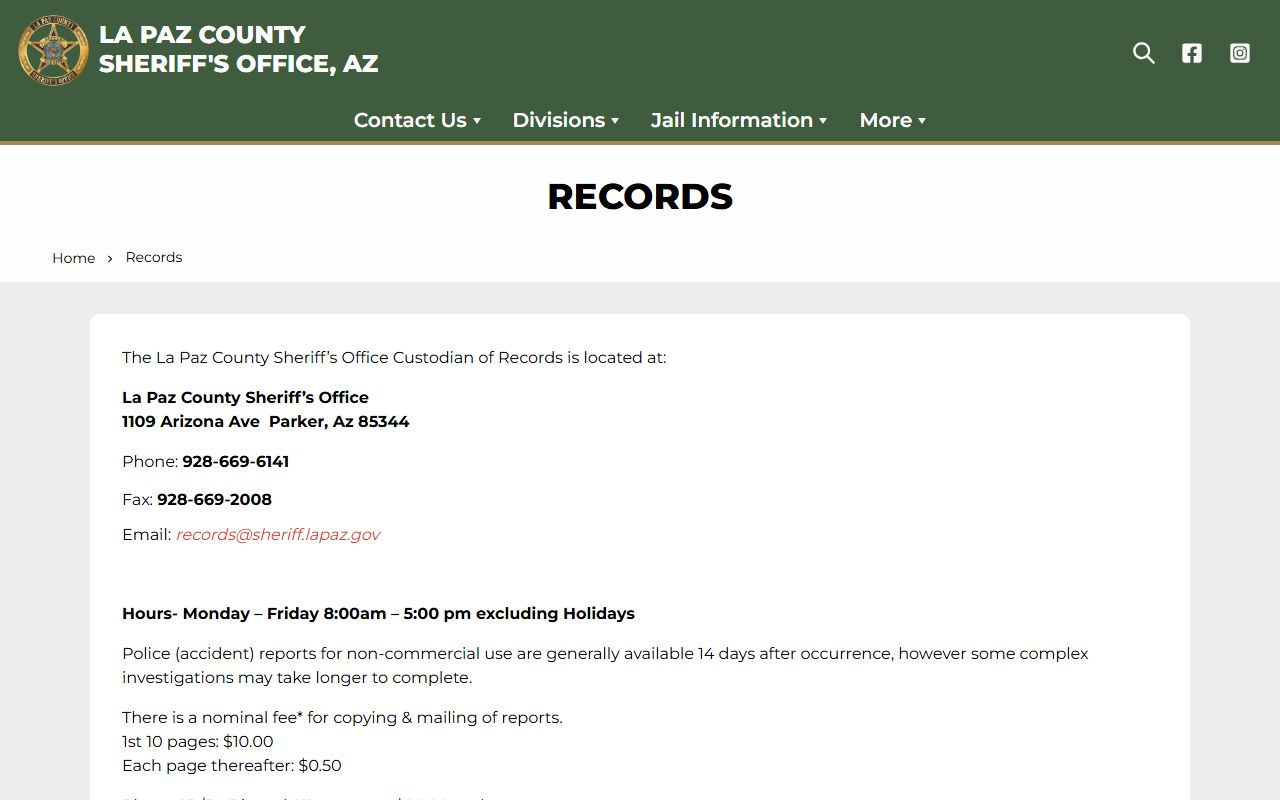 La Paz County Sheriff records page for background check requests