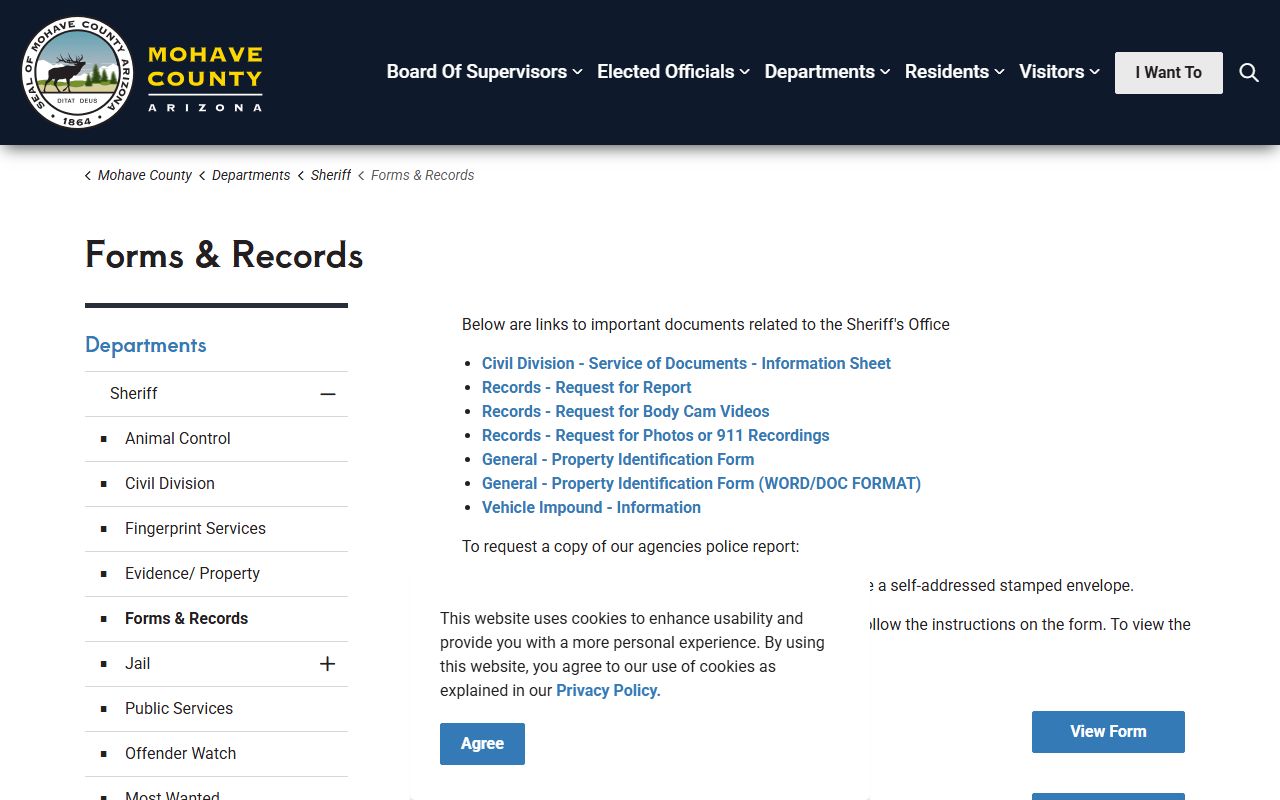 Mohave County Sheriff forms and records page for background checks