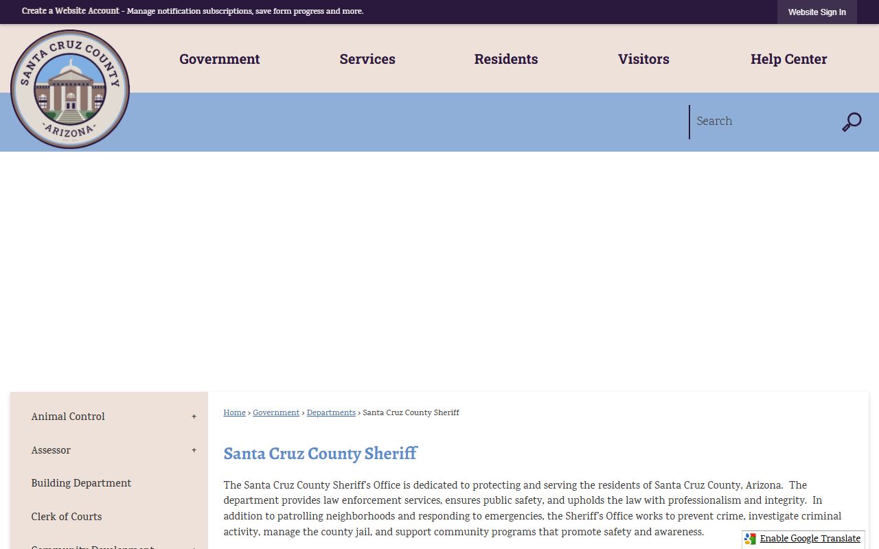 Santa Cruz County Sheriff homepage for background check services