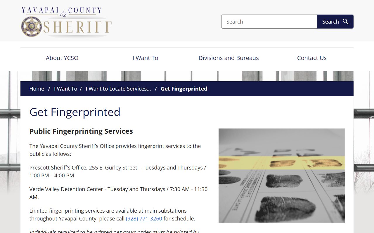 Yavapai County Sheriff fingerprinting services information