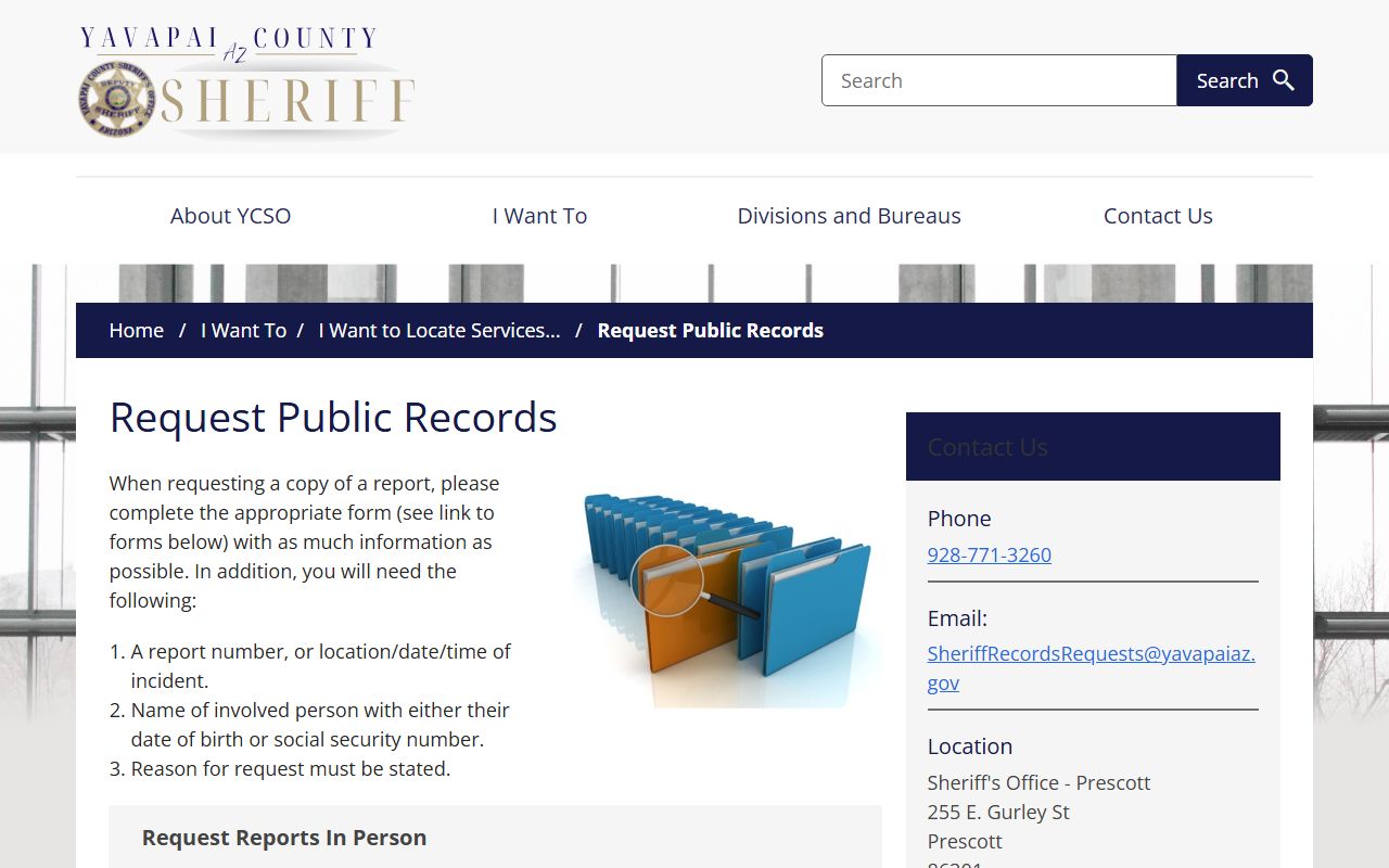 Yavapai County Sheriff public records request page for background checks
