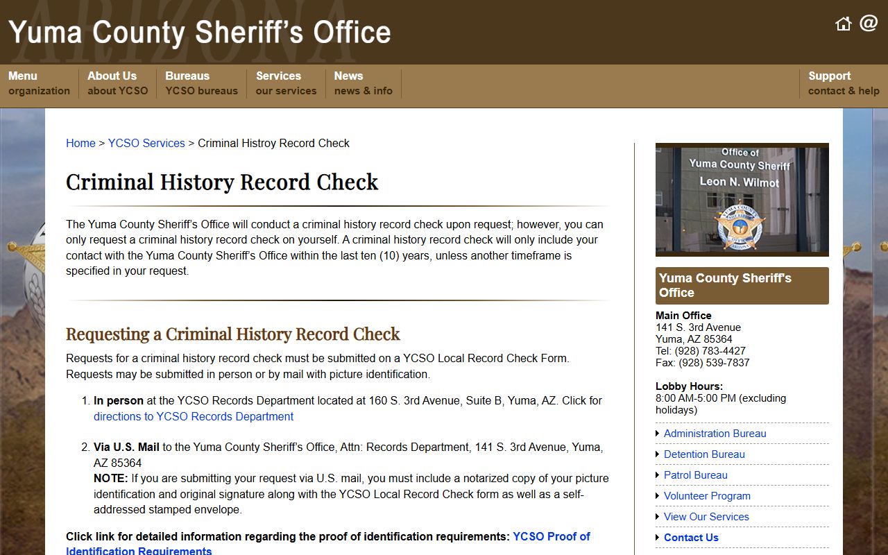 Yuma County Sheriff criminal history services for background checks