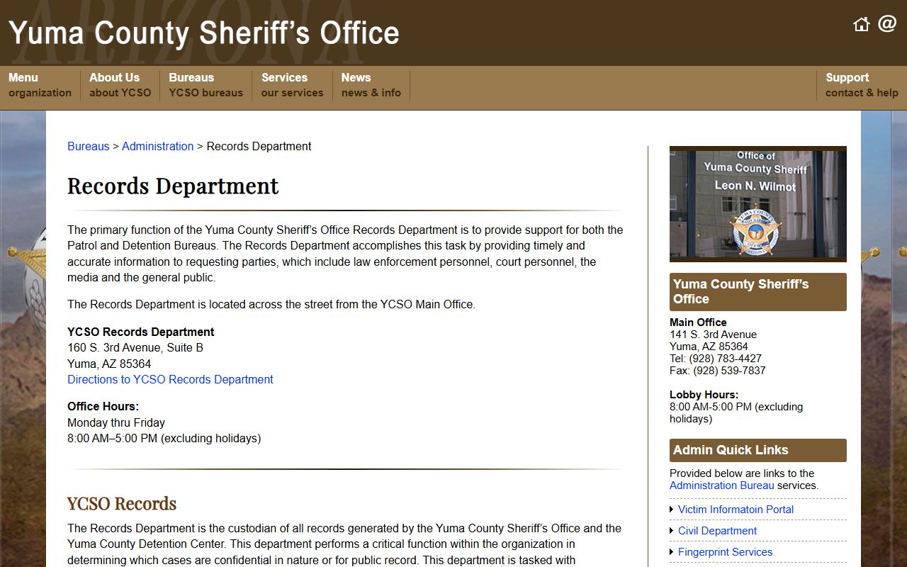 Yuma County Sheriff records administration page